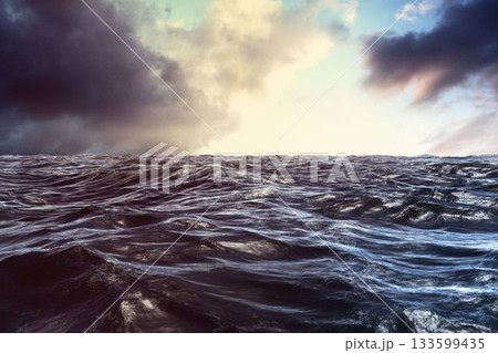 Flat illustration is showing choppy ocean waves with horizon under storm clouds and sunlit sky 133599435