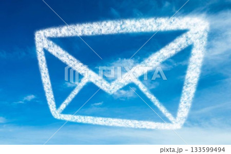 Flat design cloud envelope icon is floating against bright blue sky with wispy clouds, copy space 133599494