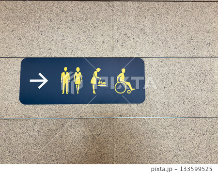 Sign for navigation in unfamiliar place. Concept for finding restroom for personal hygiene procedures. Directions to diaper changing room and wheelchair accessible restroom Sign for navigation in unfamiliar place. Concept for finding restroom for personal hygiene procedures. Directions to diaper changing room and wheelchair accessible restroom 133599525