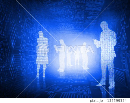 Shiny silhouettes on blue background Shiny silhouettes on blue background 133599534