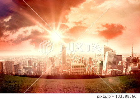 flat illustration is showing green hill overlooking urban skyline with central tower under sun rays flat illustration is showing green hill overlooking urban skyline with central tower under sun rays 133599560