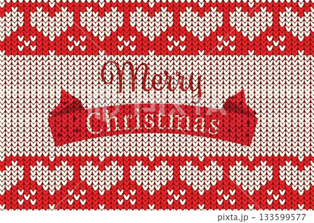 Central red banner is showing cursive Merry Christmas in flat digital knit style with heart motifs 133599577