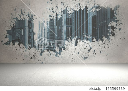 Abstract splatter-style cityscape artwork is appearing on light grey textured wall, copy space 133599589