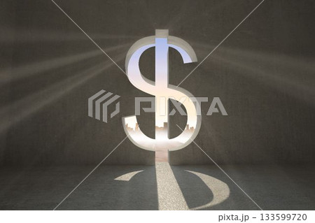 Minimalistic flat design showing giant dollar-sign opening in concrete wall, revealing city skyline 133599720