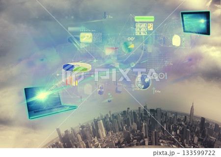 flat design laptop is projecting data beam over urban skyline with tablet, charts and icons 133599722