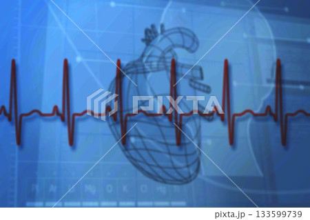 Blue medical background with heart diagram and ecg 133599739
