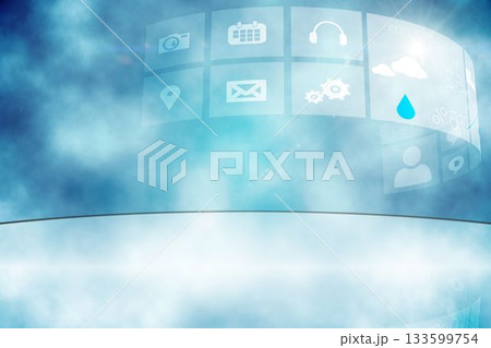 Curved translucent UI panel is floating over misty blue gradient, showing semi-circular icon grid Curved translucent UI panel is floating over misty blue gradient, showing semi-circular icon grid 133599754