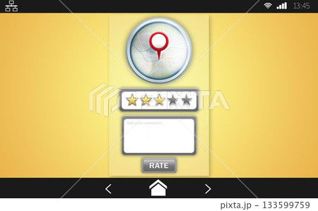 Smartphone rating panel is showing flat design with map icon, star rating, comment box, RATE button Smartphone rating panel is showing flat design with map icon, star rating, comment box, RATE button 133599759