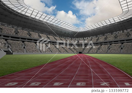 Red oval track stretching toward tunnel under stands amid grassy field in flat design, curved roof 133599772