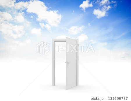 White door frame is opening onto bright blue sky in flat design, merging ground with clouds 133599787