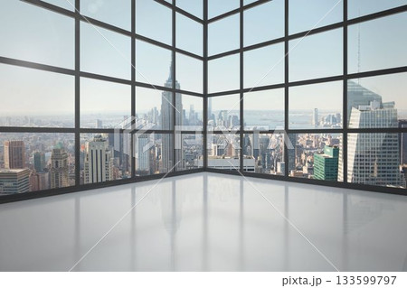 Room with large window showing city Room with large window showing city 133599797