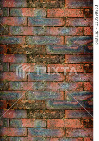 Flat design showing weathered red brick wall surface with moss, lichen on transparent background 133599853