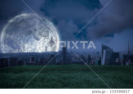 Digitally generated Large moon over city Digitally generated Large moon over city 133599857