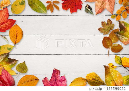 Autumn leaves fallenAutumn leaves fallen on wooden background 133599922
