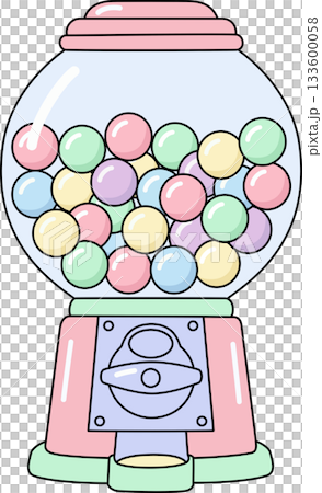 Nostalgic Pastel Gumball Machine with Bubble Gum Candies Retro Cartoon Illustration Nostalgic Pastel Gumball Machine with Bubble Gum Candies Retro Cartoon Illustration 133600058