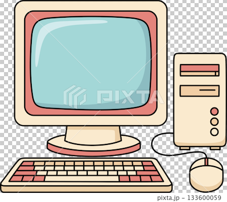 Nostalgic Retro Cartoon Desktop Computer Set Vintage Old Personal Computer Icon Illustration 133600059