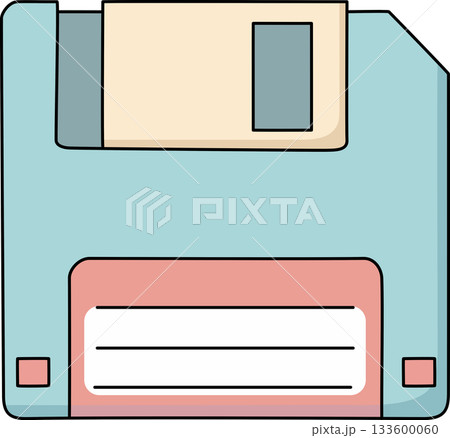 Nostalgic Retro Cartoon 3.5-inch Floppy Disk Vintage Data Storage Diskette Icon Illustration 133600060