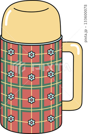 Retro Thermos Flask Cartoon with Plaid and Flower Pattern Vintage Bottle Illustration 133600078