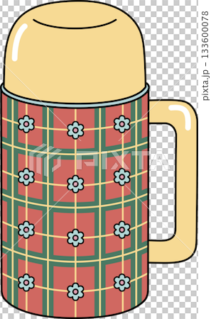 Retro Thermos Flask Cartoon with Plaid and Flower Pattern Vintage Bottle Illustration Retro Thermos Flask Cartoon with Plaid and Flower Pattern Vintage Bottle Illustration 133600078