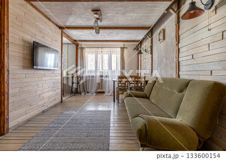 Bright Rustic Living Room with Green Sofa and Wooden Interior Bright Rustic Living Room with Green Sofa and Wooden Interior 133600154