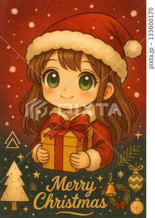 サンタ帽を被った女の子とプレゼントの微笑ましいクリスマスイラスト 133600170