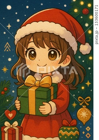 サンタ帽をかぶった女の子とプレゼントの微笑ましいクリスマスイラスト 133600171