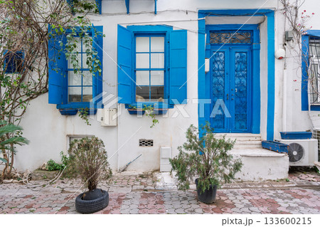 Traditional blue and white building facade with ornate blue door, open shutters, and climbing vines, Aegean architecture Traditional blue and white building facade with ornate blue door, open shutters, and climbing vines, Aegean architecture 133600215