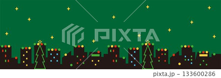 クリスマスの夜の街並みのシルエットと星空　イルミネーション　フレーム　コピースペース　イラスト　背景 133600286