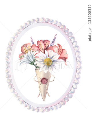 Pearl frame, bouquet, lavender, chrysanthemum, alstroemeria. Hand-painted watercolor illustration isolated on white for printing on posters, textile, card, wedding invitation, scrapbooking, design Pearl frame, bouquet, lavender, chrysanthemum, alstroemeria. Hand-painted watercolor illustration isolated on white for printing on posters, textile, card, wedding invitation, scrapbooking, design 133600539