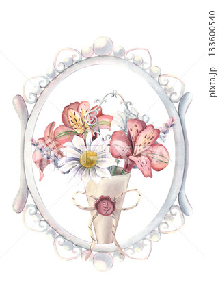 Vintage oval pearl frame, lavender, chrysanthemum, alstroemeria bouquet, key. Hand-painted watercolor illustration isolated on white for print, poster, textile, card, invitation, design, scrapbooking Vintage oval pearl frame, lavender, chrysanthemum, alstroemeria bouquet, key. Hand-painted watercolor illustration isolated on white for print, poster, textile, card, invitation, design, scrapbooking 133600540