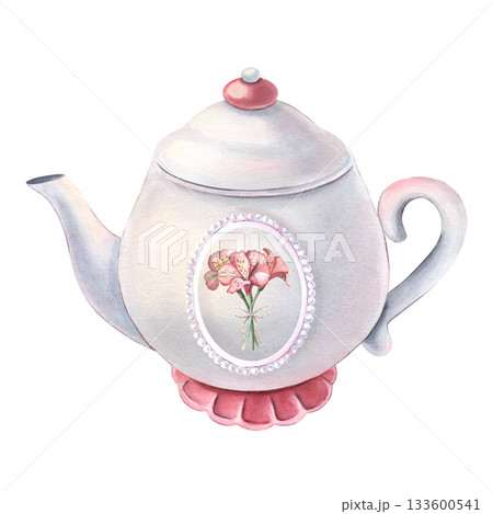 White ceramic teapot, pearl frame, alstroemeria flower bouquet. Hand-painted watercolor illustration isolated on white for kitchen print, menu, tea, tableware branding, card, textile, posters, decor White ceramic teapot, pearl frame, alstroemeria flower bouquet. Hand-painted watercolor illustration isolated on white for kitchen print, menu, tea, tableware branding, card, textile, posters, decor 133600541