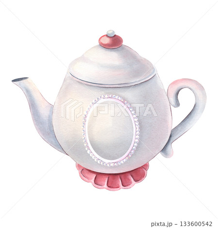 White ceramic teapot with empty pearl frame for your design. Hand-painted watercolor illustration isolated on white for kitchen print, packaging, menu, tea branding, cards, textile, home vintage decor White ceramic teapot with empty pearl frame for your design. Hand-painted watercolor illustration isolated on white for kitchen print, packaging, menu, tea branding, cards, textile, home vintage decor 133600542