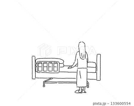 介護ベッドを見つめる女性の後ろ姿、線画 133600554