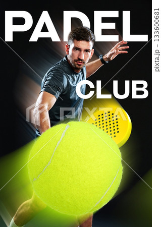 Exciting padel player in action at vibrant padel club during evening match Exciting padel player in action at vibrant padel club during evening match 133600681