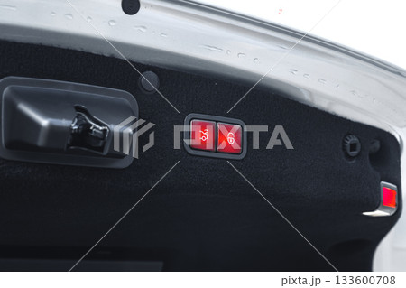 Car trunk interior showing buttons for unlocking and opening the hatchback 133600708