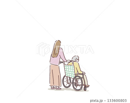 高齢女性の車椅子を押す若い女性の後ろ姿、 133600803