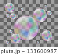 3d Holographic Soap Bubbles. Realistic Air Bubbles on a transparent background. Flying soap bubbles, vector illustration. 133600987
