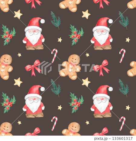 Seamless watercolor Christmas pattern with cookie and holly leaf 133601317