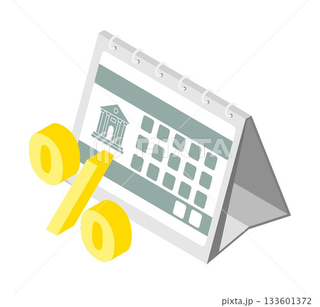 Isometric loan payment percentage sign against a desk calendar reminding of loan debt. Isolated cartoon vector concept on white background top view 133601372
