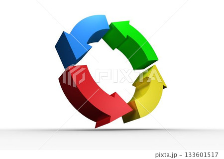 Four thick arrows are forming continuous loop in 3D render, hovering above plain white surface Four thick arrows are forming continuous loop in 3D render, hovering above plain white surface 133601517