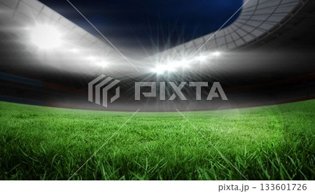 Empty stadium grass field is shining under curved roof canopy, floodlights flaring against navy sky Empty stadium grass field is shining under curved roof canopy, floodlights flaring against navy sky 133601726