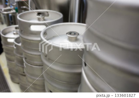 Metal beer kegs at factory 133601827