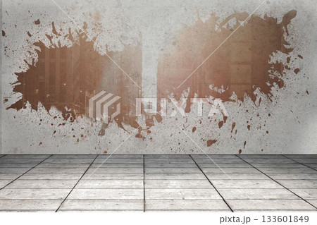 Concrete room is showing flat illustration with tiled grid floor and brown splatter mural Concrete room is showing flat illustration with tiled grid floor and brown splatter mural 133601849