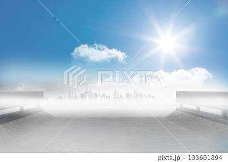 flat design is showing ramp flanked by guardrails leading into misty skyline and sun is shining flat design is showing ramp flanked by guardrails leading into misty skyline and sun is shining 133601894