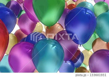 Cluster of glossy latex balloons are floating in 3D on white backdrop, reflecting light highlights 133601931