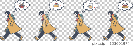 Illustration of a man walking quickly while thinking about food Illustration of a man walking quickly while thinking about food 133601974