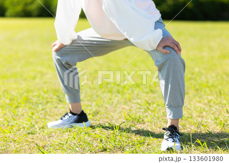 屋外でストレッチ体操をするミドル女性 133601980