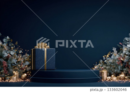Dark blue Christmas product podium with glitter gift box, golden ribbon and surrounding frosted winter foliage with warm fairy lights. Ideal for showcasing luxury festive products 133602046