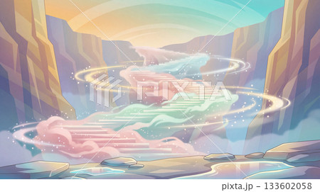 パステルカラーの雲がつくる幻想的な階段と渓谷のファンタジー背景イラスト 133602058