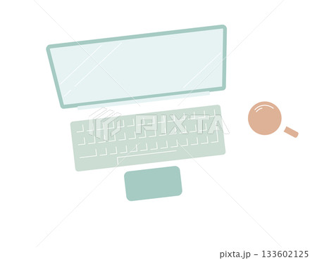 くすみカラーのビジネスデスク／ノートパソコンとコーヒーのワークスペース（透過背景） 133602125